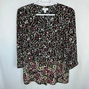 J Jill Floral Spring Lightweight Cottagecore Blouse‎ Black Pink White Small
